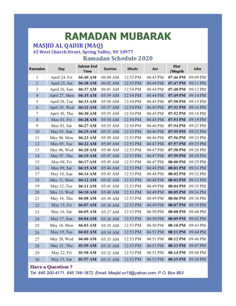 Ramadan Calendar 2020
