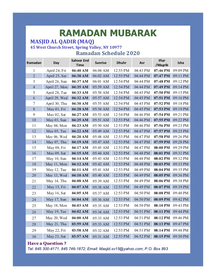 Ramadan Calendar 2020 | Masjid Al Qadir